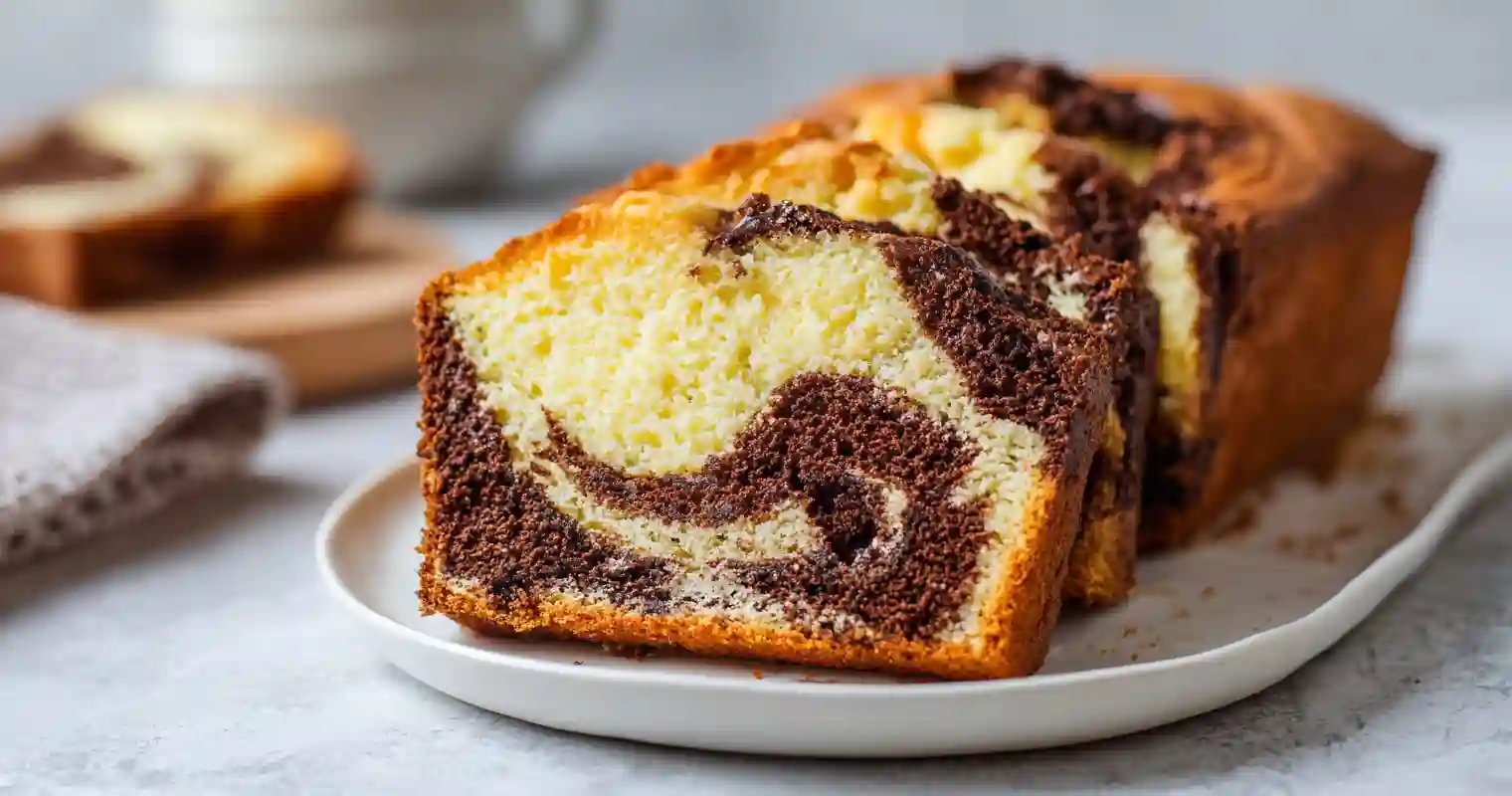 Cake marbré vanille chocolat tranché sur une assiette blanche